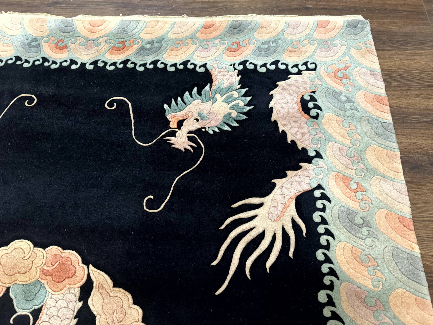 Black Chinese Wool Rug 8x10 Hand Knotted Dragons With Rainbow Borders