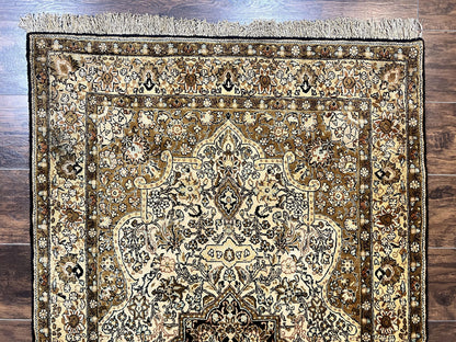 Persian Qum Silk Rug 3.5x5.5 Hand Knotted Silk On Silk Floral Medallion Very Fine 350 KPSI Vintage