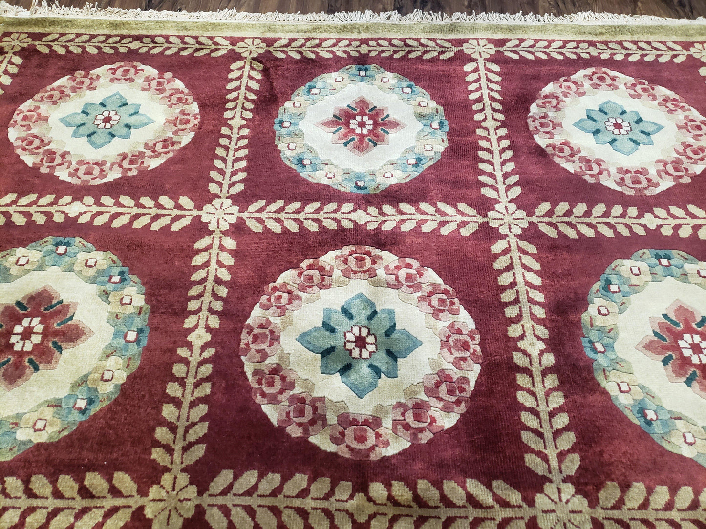 Aubusson Rug Nepalese Hand Knotted Wool 6x9 Red Ivory Area Rug For Office