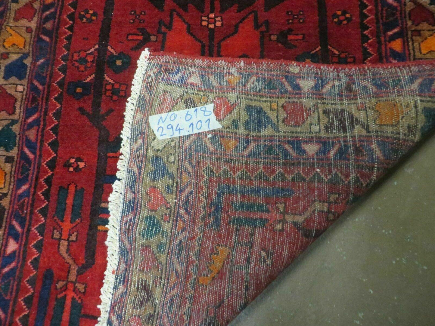 Antique Persian Hamadan Runner 3.4 x 9.7 -  Wool, Red and Navy Blue