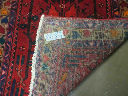 Antique Persian Hamadan Runner 3.4 x 9.7 -  Wool, Red and Navy Blue