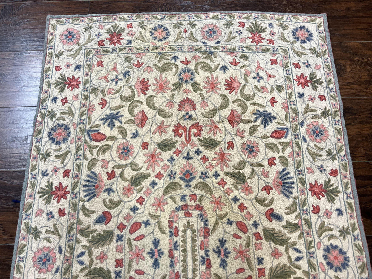 Hand Stitched Indian Rug Floral Vintage Wool Area Rug 4x5 Hand Embroidered