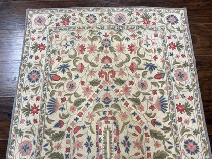 Hand Stitched Indian Rug Floral Vintage Wool Area Rug 4x5 Hand Embroidered