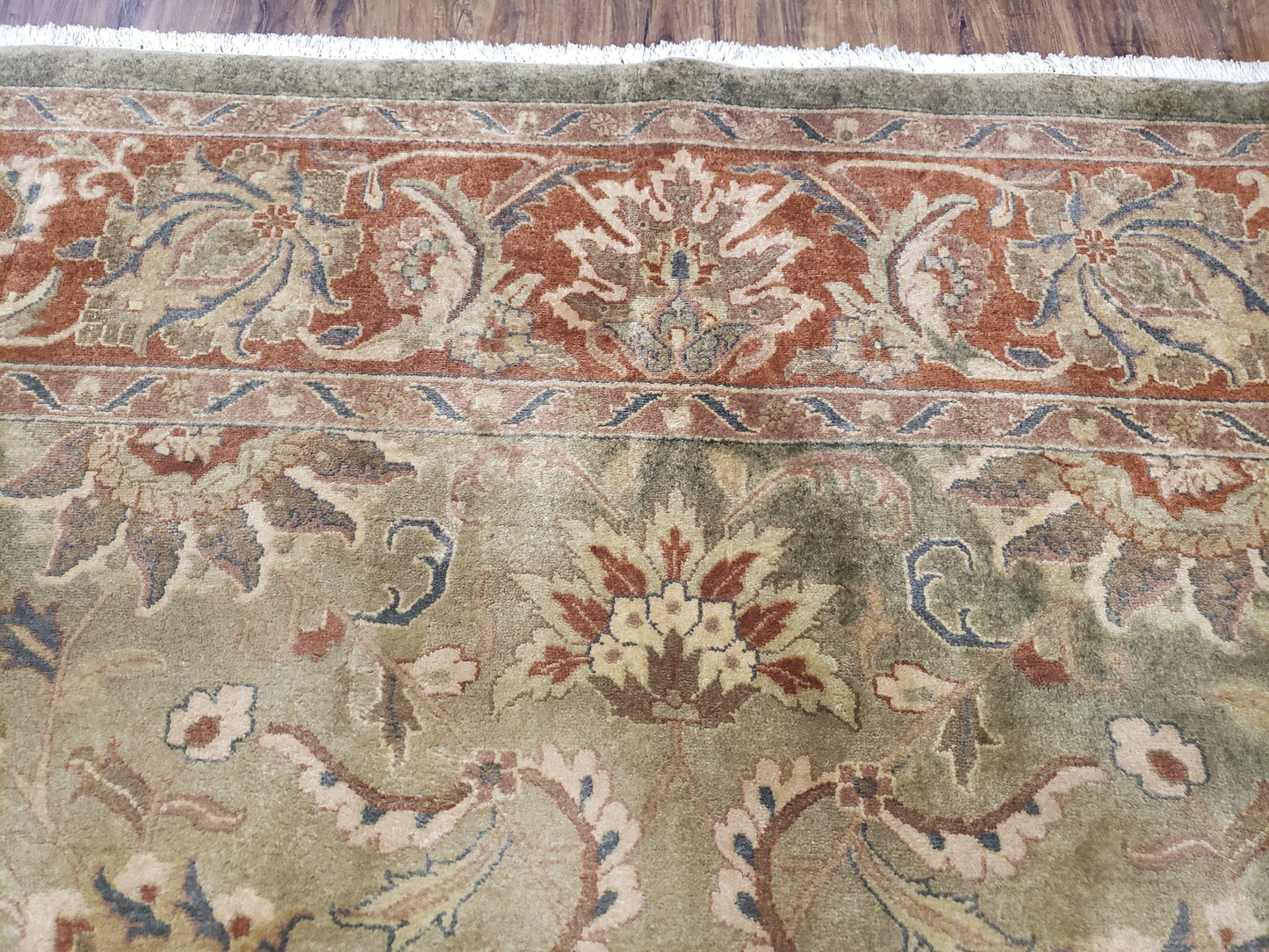 Vintage Indo Mahal Area Rug 9x12, Wool Hand-Knotted Laurel Green & Auburn Indian Carpet, 9 x 12 Floral Carpet, Living Room Rug