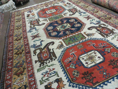 Turkish Knotted Wool Rug Vintage 7x10 Birds Animal Ivory Handmade Organic