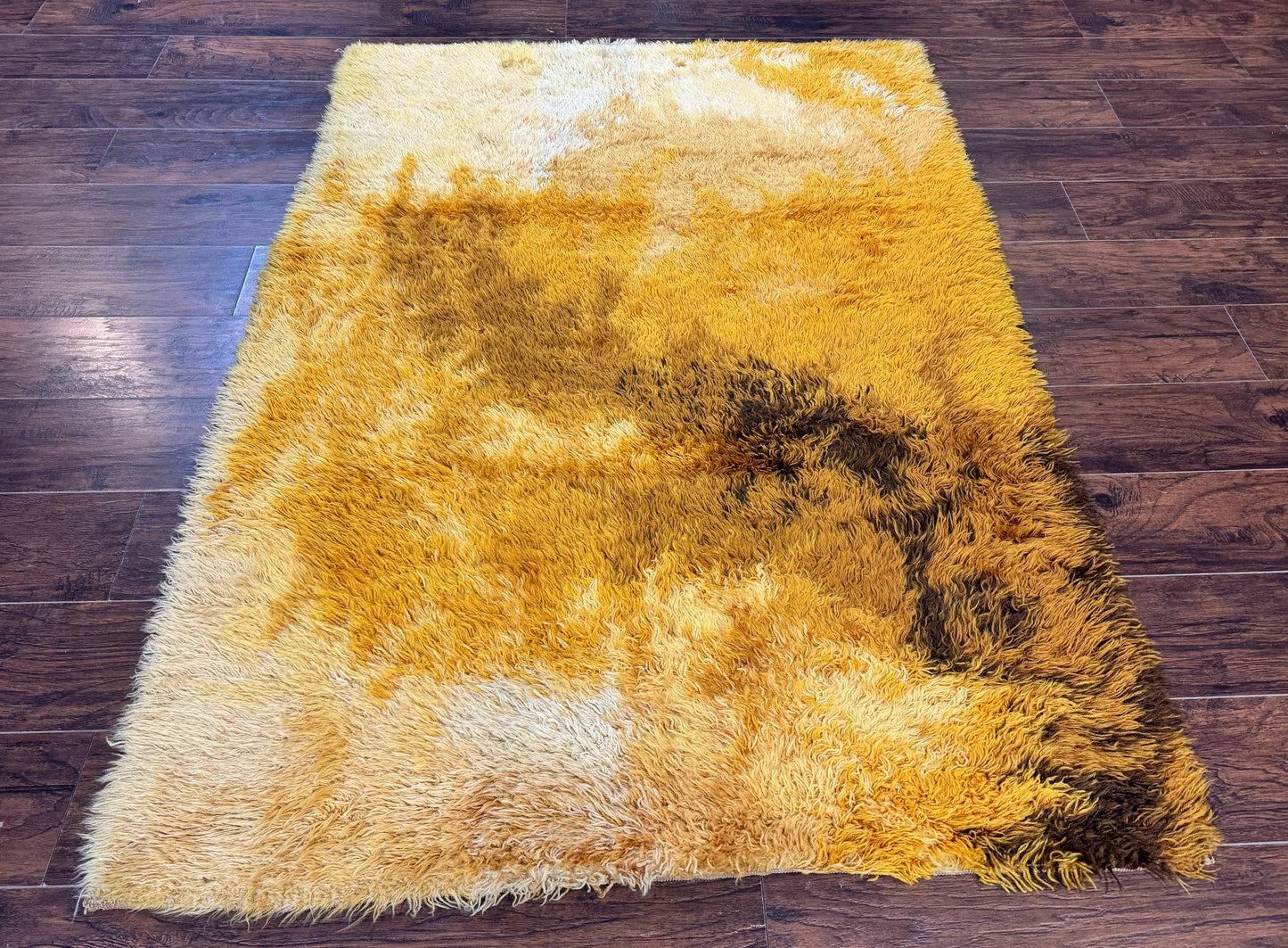 Rya Shag Rug Vintage 4.6 X 6 Yellow Mid Century Carpet For Living Room