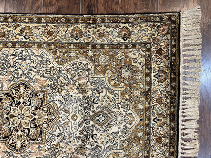 Persian Qum Silk Rug 3.5x5.5 Hand Knotted Silk On Silk Floral Medallion Very Fine 350 KPSI Vintage