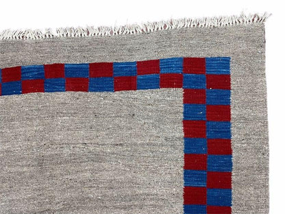Gray Turkish Kilim Carpet 5' 7" x 7' 7", Medium Kilim Rug, Hand-Knotted, Blue & Red Border, Minimalistic Design, Geometric, Wool, New