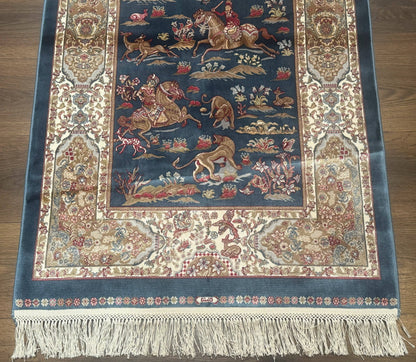Turkish Silk Hunting Scene Rug 2.6 x 5 Feet Dark Steel Blue And Ivory Bamboo Silk Area Rug