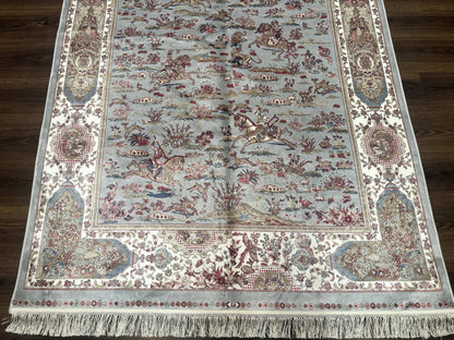 Turkish Silk Rug 5x7 Hunting Design Animal Pictorials Bamboo Silk