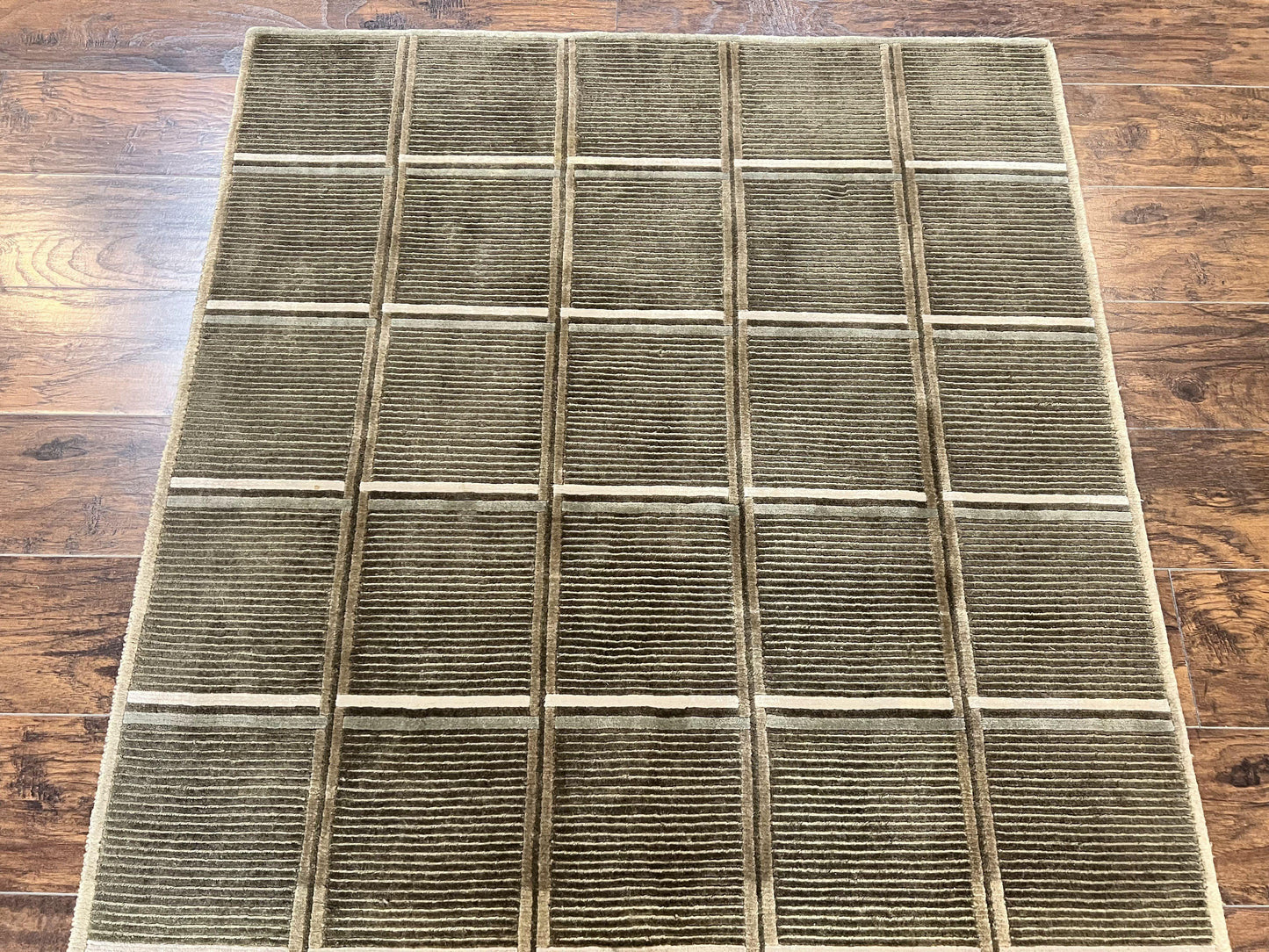 Tibetan Rug 4x6 Handmade Green Wool Area Rug With Panel Design Modern Contemporary