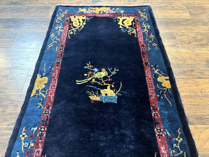 Antique Chinese Peking Rug 3x6 Handmade Wool Bird Motif Dark Blue Oriental Carpet