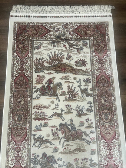 Turkish Silk Runner Rug 2.6 x 8, Hunting Design, Ivory, Bamboo Silk, New