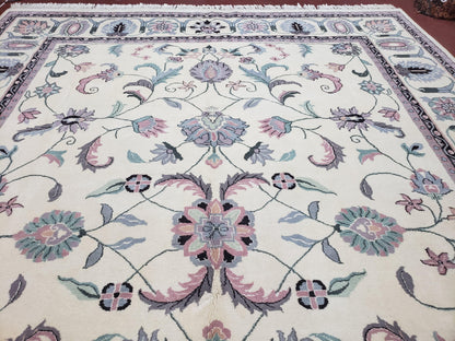 Ivory & Teal Indo Persian Area Rug 9x12, Wool Hand-Knotted Oriental Carpet, 9 x 12 Soft Traditional Living Room Rug, Dining Room Rug