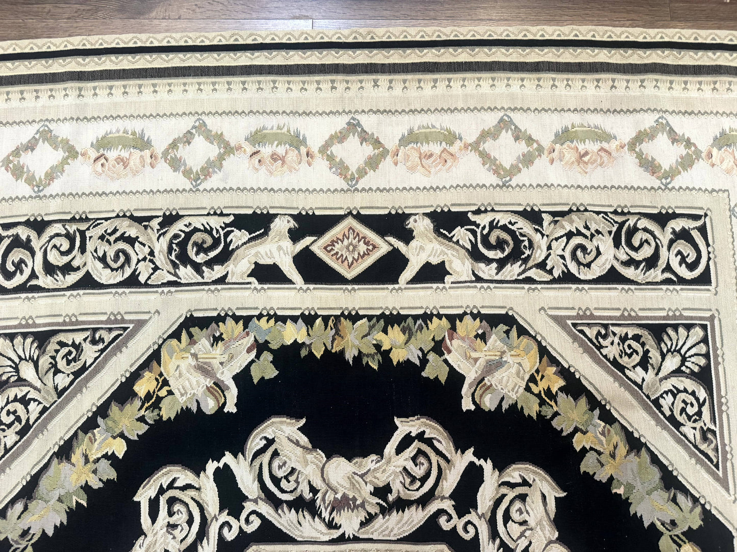 Vintage Aubusson Rug 6x8 Wool Hand Knotted European Design Lion Pictorial Black