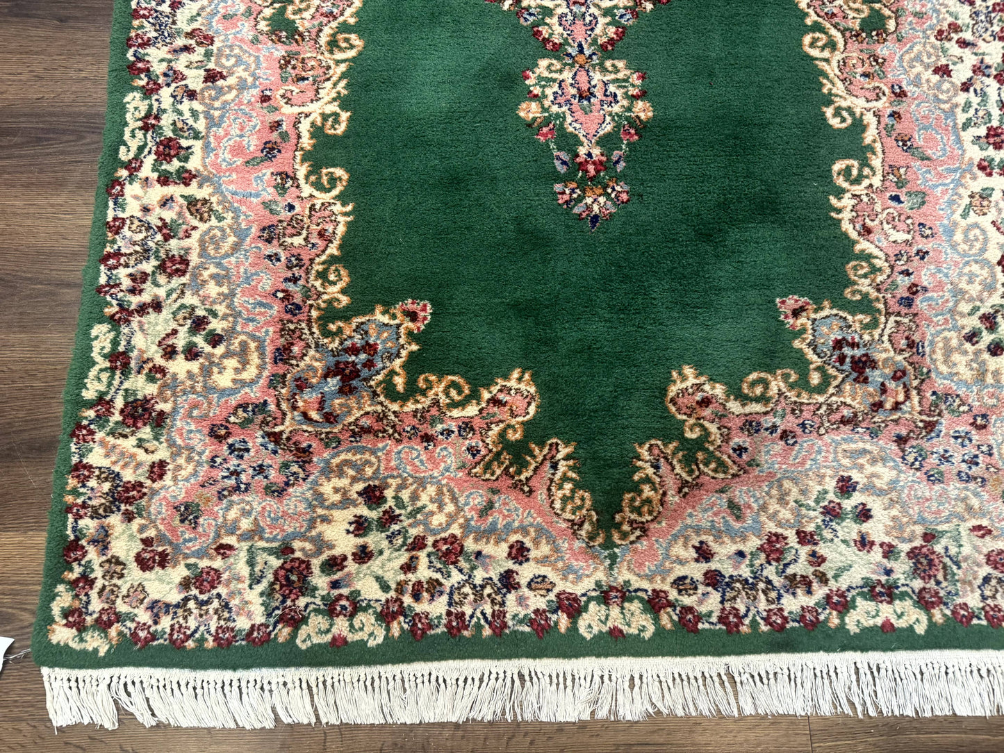 Green Persian Kerman Rug 4x6 Vintage Semi Open Field With Cream Borders