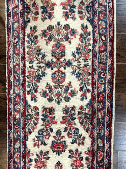 Persian Sarouk Runner Rug Handmade Wool Floral Hallway Ivory