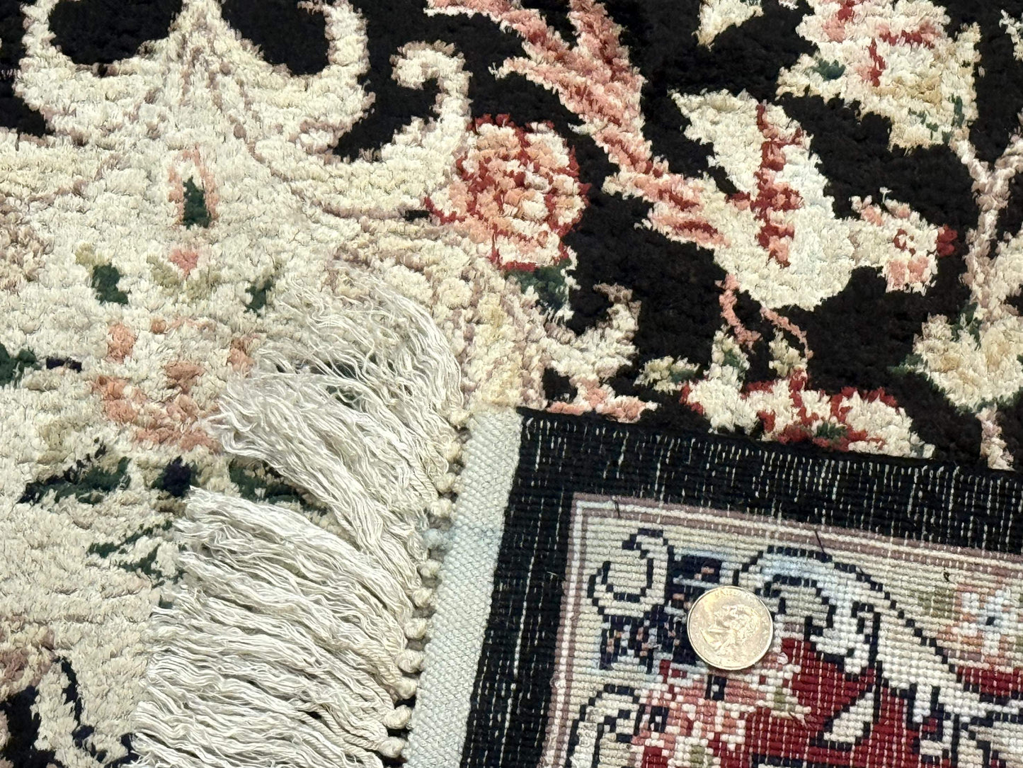 Indian Kashmiri Silk Rug, Floral Medallion, Vintage Hand Knotted Carpet