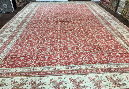 Turkish Oushak Rug Hand Knotted Wool Vintage Carpet 12x18 Red Oatmeal Palace Size Oriental Rug