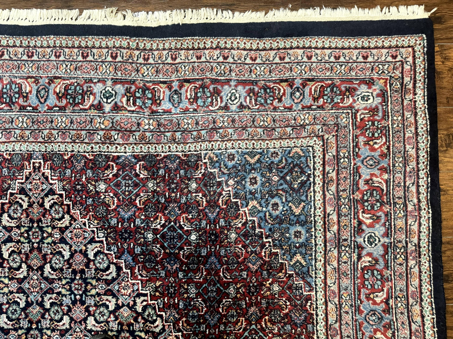 Indo Persian Bidjar Rug 8x11, Herati Mahi Pattern, Red Navy Blue, Handmade Vintage Wool Carpet