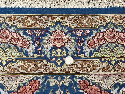 Magnificent Persian Qum Silk Rug 3x5, Blue, Super Fine 675 KPSI - 70 Raj, Floral Roses, Handmade Vintage Silk Carpet, Masterpiece