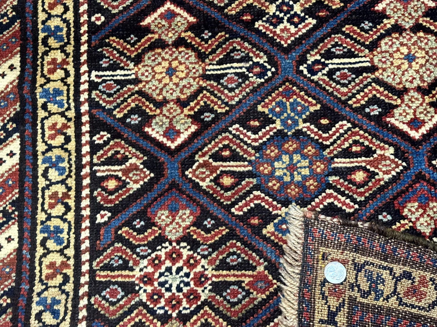 Antique Persian Wide Runner Rug 4x9, Kurdish Rug, Panel Design, Rainbow Border, Rare Tribal Rug