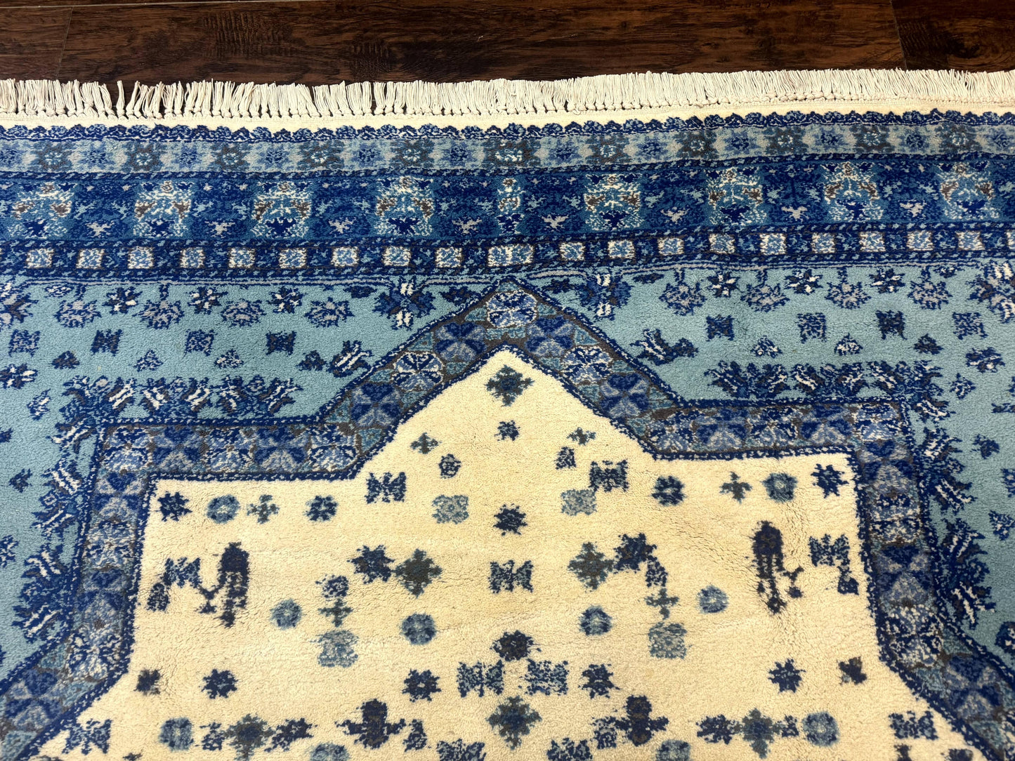 Moroccan Rug 7x10 Geometric Medallion Blue Ivory Hand Knotted Wool Area Rug