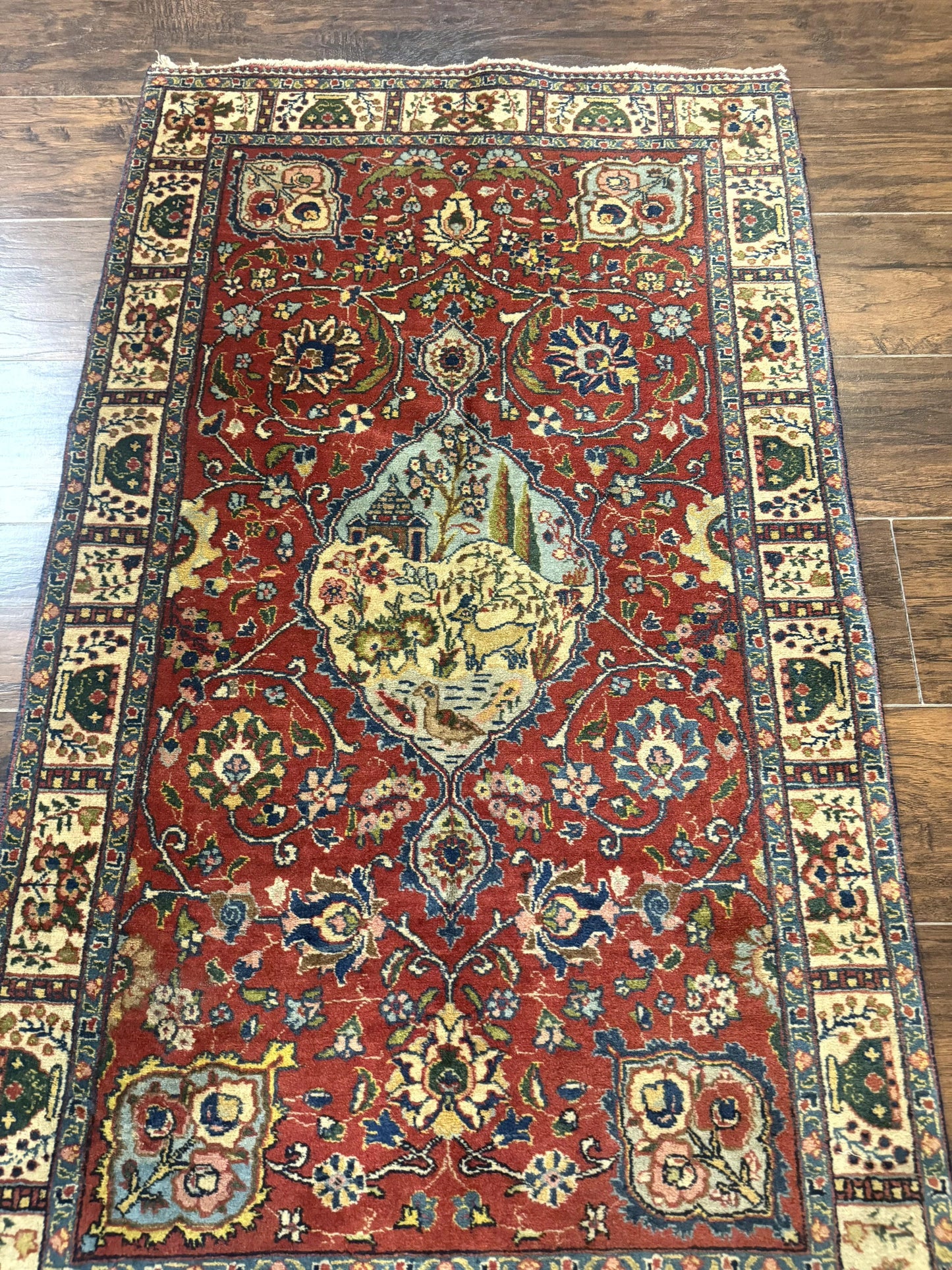 Small Persian Tabriz Rug 2.8 x 4.7, Red, Animal Pictorials, Semi Antique Vintage