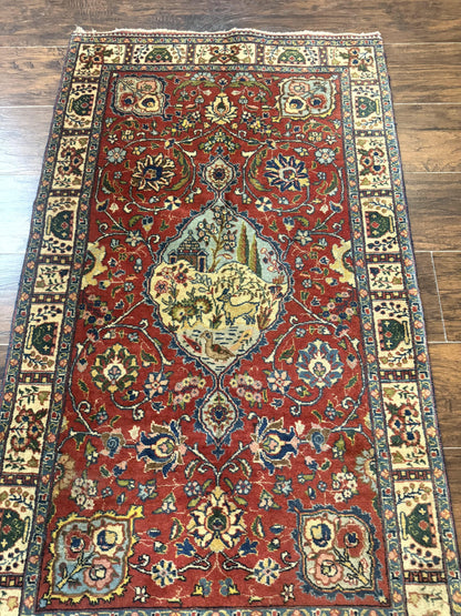 Small Persian Tabriz Rug 2.8 x 4.7, Red, Animal Pictorials, Semi Antique Vintage