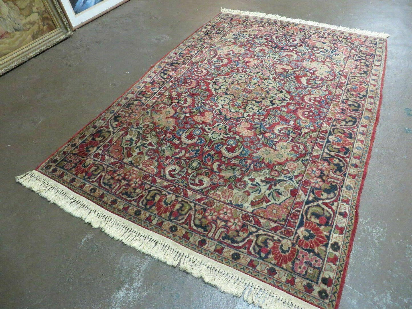 Persian Sarouk Rug 4.6 x 5, Red, Semi Antique, Floral