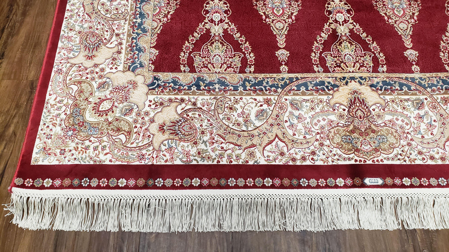 Dark Red Silk Carpet 5.3 x 7.6 ft, 5x8 Silk Rug, New Turkish Silk Carpet, Mint Condition, Beige & Red Area Rug, Bamboo Silk, High Quality