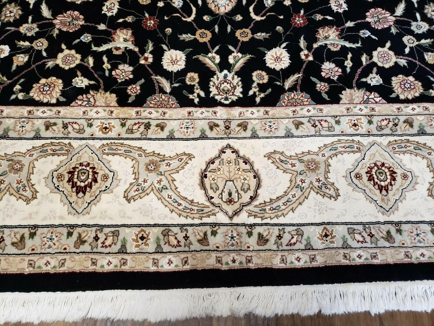 Vintage Wool Rug Oriental Floral Silk Highlights Black Handmade 8 Ft 5 In By 11 Ft 6 In