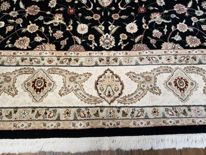 Vintage Wool Rug Oriental Floral Silk Highlights Black Handmade 8 Ft 5 In By 11 Ft 6 In