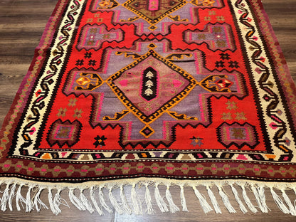 Persian Kurdish Zarand Kilim Rug 5x9 Runner With Red Field And Geometric Medallions