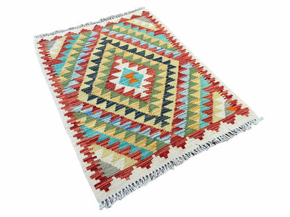 Turkish Kilim Rug 2x3 Colorful Handwoven Wool Accent Rug Chobi Diamond Zigzag