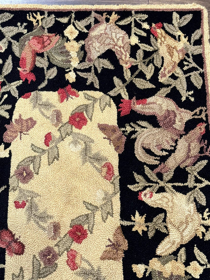 Small Vintage Hooked Rug Roosters Handmade Wool Area Rug Decor Accent