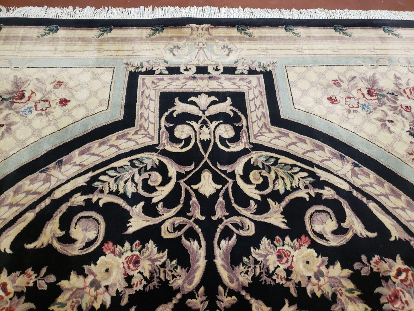 Aubusson Rug 8x10 Hand Knotted Wool Savonnerie Black Ivory French Design