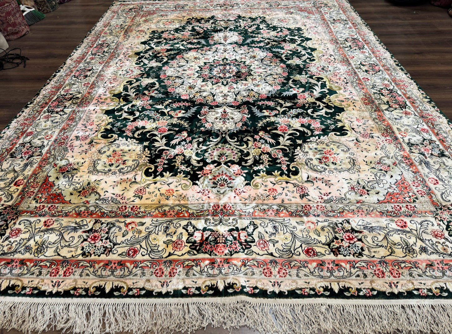 Kashmiri Silk Rug 9x12 Vintage Hand Knotted Carpet For Elegant Interiors