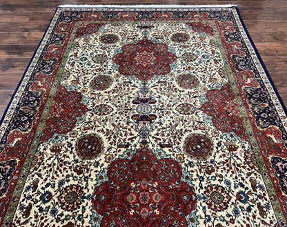 Wonderful Sino Persian Rug 6x10 with Animal Pictorial Motifs, Cream Dark Red Navy Blue, Birds Gazelles, Two Medallions, Top Quality Handmade