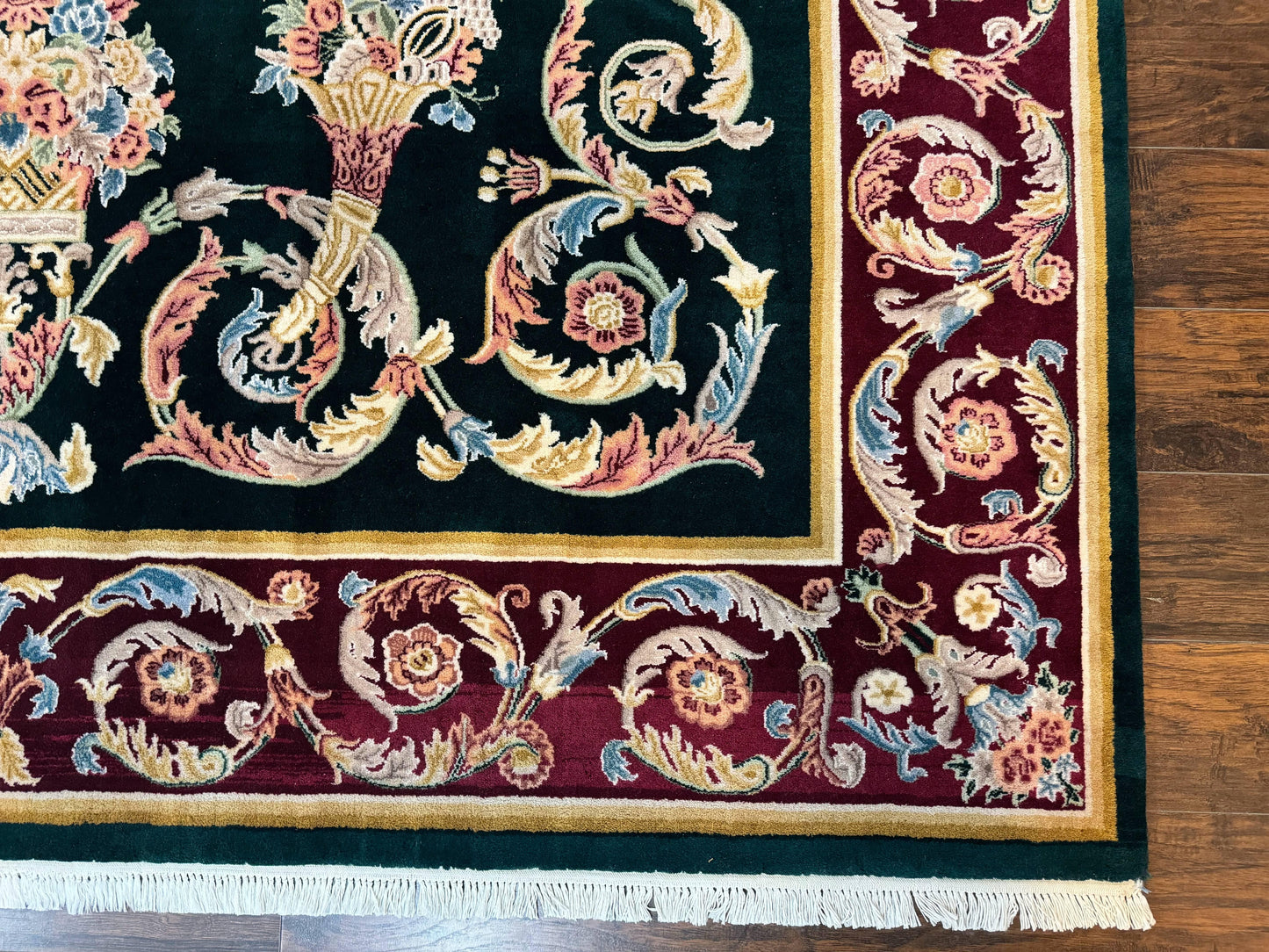 Aubusson Rug 9x12 Hand Knotted Wool Vintage European Design Dark Green Elegant Carpet