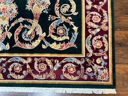 Aubusson Rug 9x12 Hand Knotted Wool Vintage European Design Dark Green Elegant Carpet