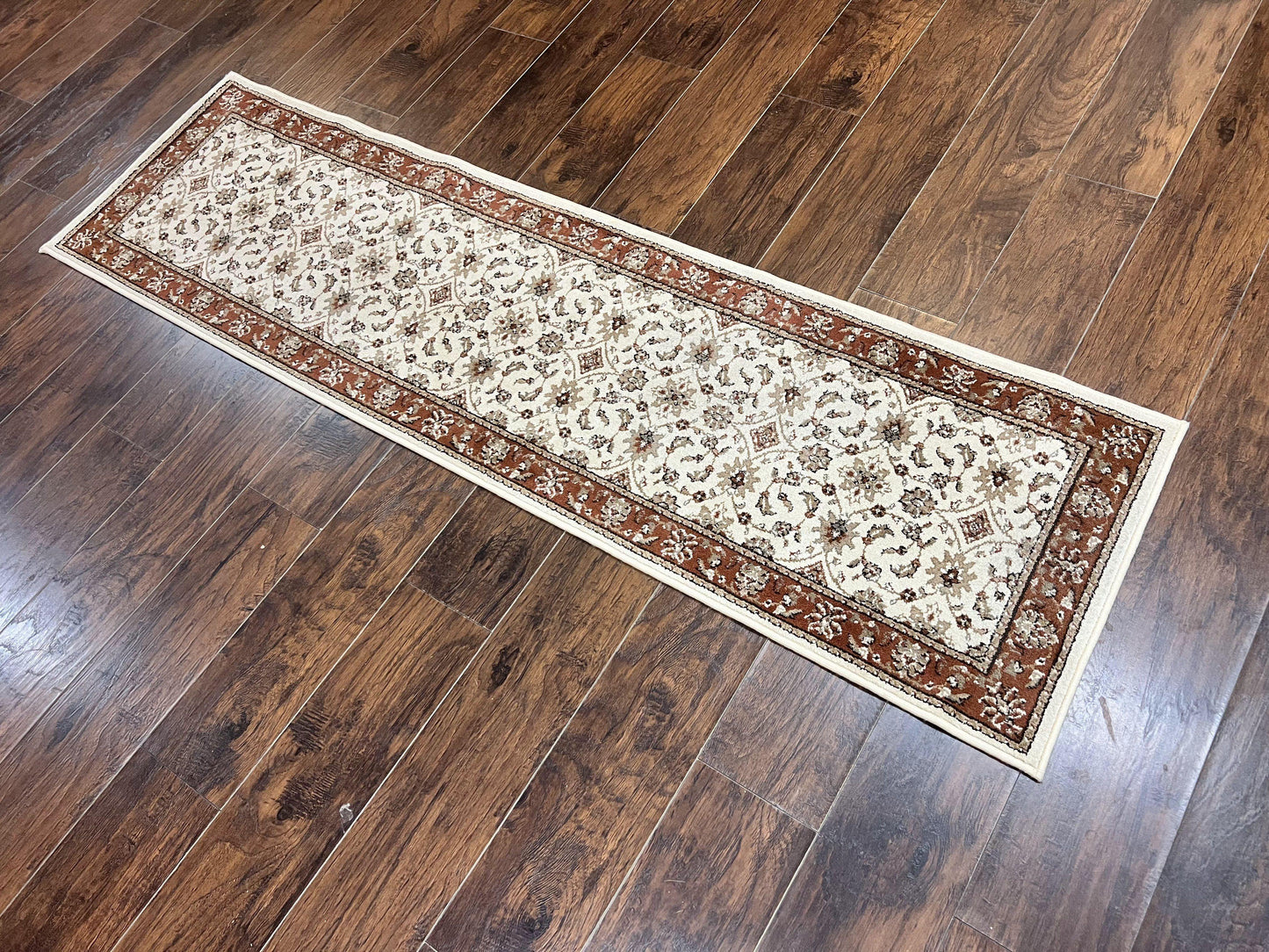 Runner Rug 2 x 7.6, Skinny Runner, Oriental Rug for Hallway, Ivory & Rust Red, Floral Allover