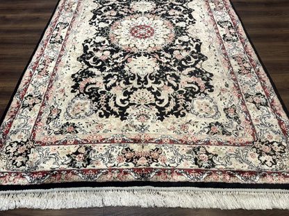 Indian Kashmiri Silk Rug, Floral Medallion, Vintage Hand Knotted Carpet