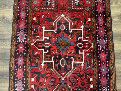 Persian Heriz Karajeh Runner Rug 3.7 x 12, Geometric Medallions, Red and Navy Blue