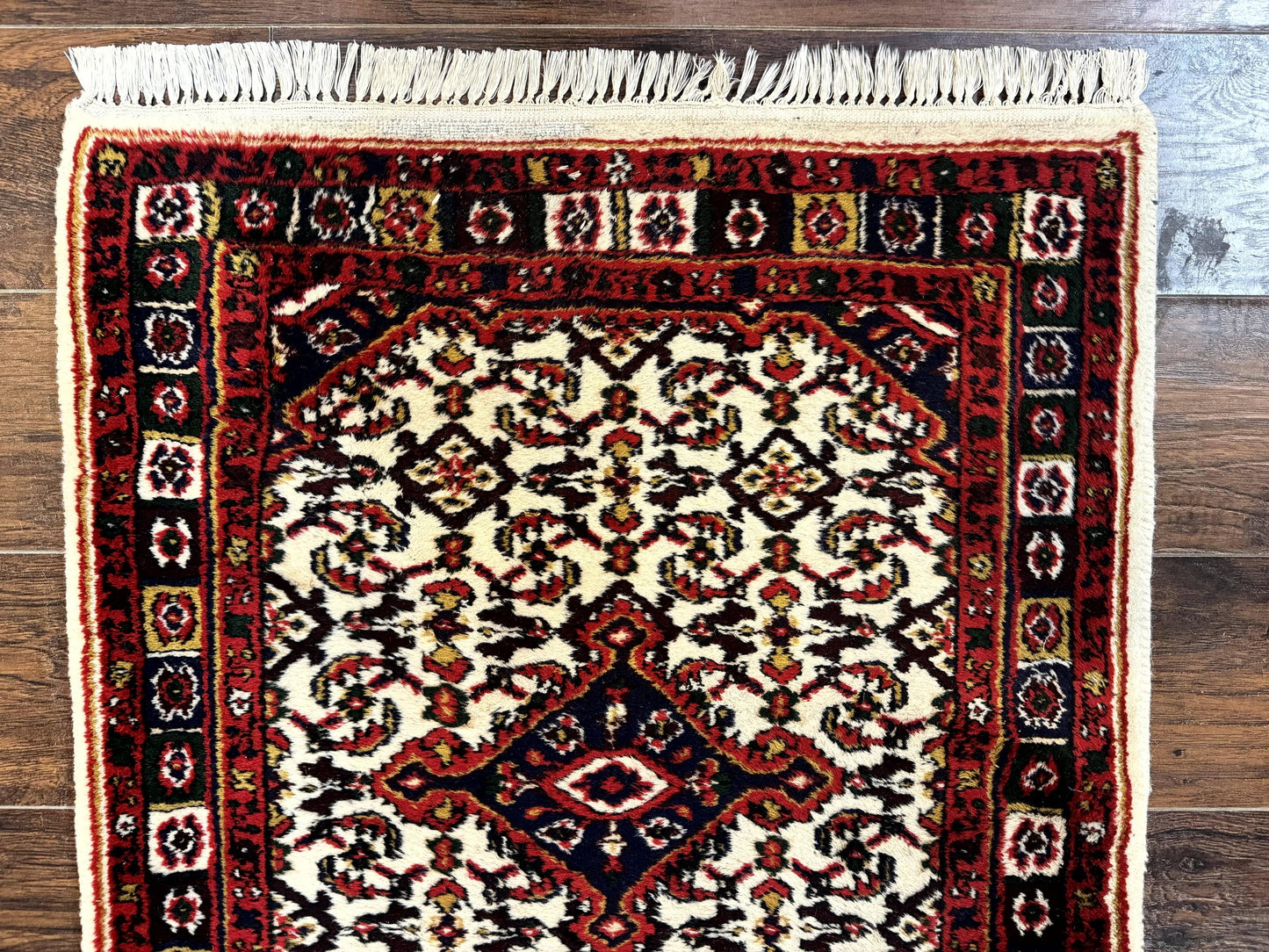 Indo Persian Bidjar Runner Rug 2.8 x 10, Vintage Rug for Hallway, 10ft Runner, Wool Handmade Ivory and Red, Medallions