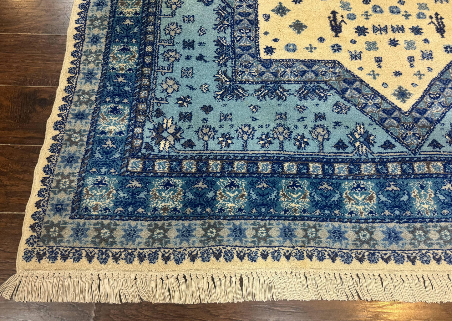 Moroccan Rug 7x10 Geometric Medallion Blue Ivory Hand Knotted Wool Area Rug