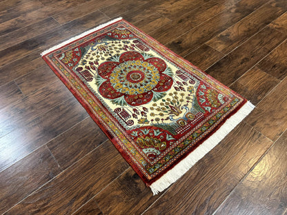 Persian Bijar Rug 2.6 x 4 Vintage Hand Knotted Wool Carpet Brick Red Ivory