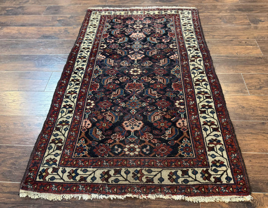 Antique Persian Rug Hamadan 3x6 Navy Blue Ivory Handmade Wool Carpet