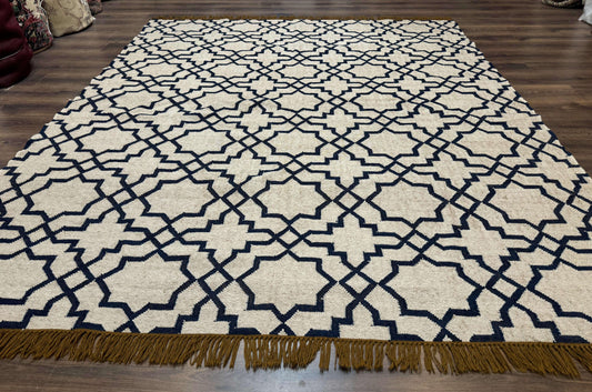 Indian Kilim Rug 8x10 Handwoven Wool Dhurrie Carpet Oat And Navy Blue