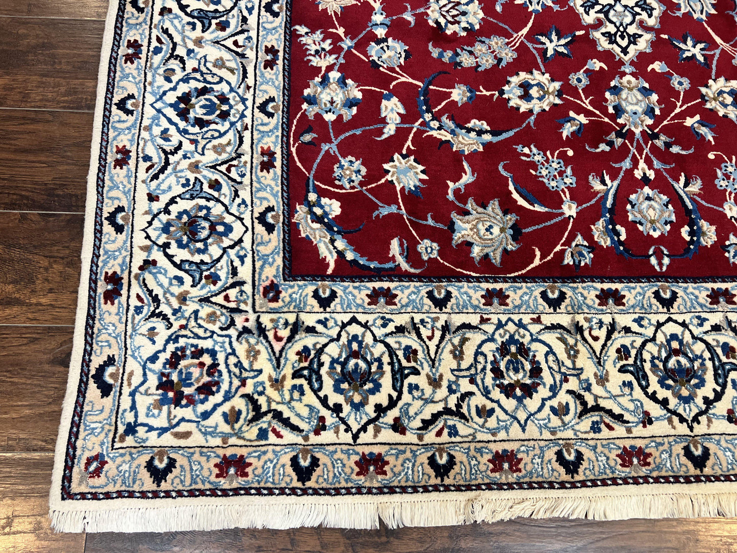 Persian Nain Rug 6x10, Wool and Silk Highlights, Red and Ivory, Floral Medallion, Vintage Handmade Hand Knotted, Fine 225 KPSI, Traditional Rug